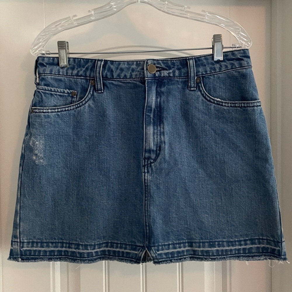 Free People 8 Denim Mini Jean Skirt ~ A-Line Short Boho Festival Raw Hem